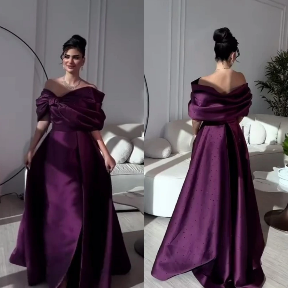 

Fashion Off-the-shoulder A-line Floor Length Prom Dresses Bows Beading Satin Formal Occasion Gown vestido de festa mulher luxo