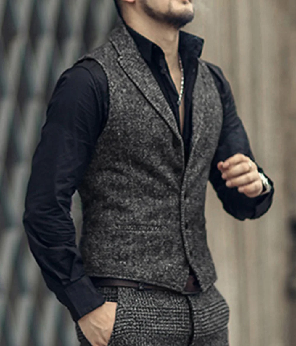 Grey Mens Suit Vest Lapel V Neck Wool Herringbone Casual Formal Business Vest Slim Fit Gilet Waistcoat Groomman For Wedding 2