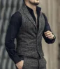 Grey Mens Suit Vest Lapel V Neck Wool Herringbone Casual Formal Business Vest Slim Fit Gilet Waistcoat Groomman For Wedding 2