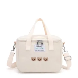 Adorable Insulated Bear Lunch Bag for Girls - Thermal Canvas Cooler Handbag for School, Picnic, or Family Outings (White)