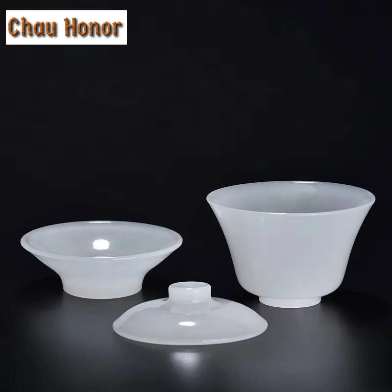 180ml Full Pure White Jade Porcelain Gaiwan Handmade Tea Tureen Household Tea Brewing Cover Bowl for Tea Supplies Collection