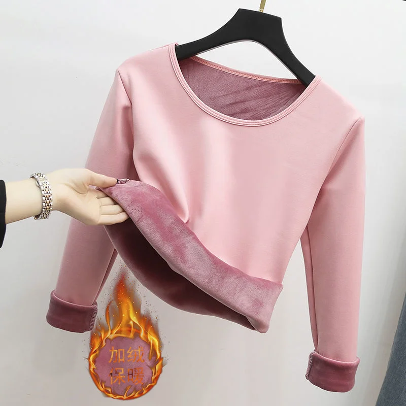 

Thicken Warm Winter Skinny New Thermal Underwear Bottoming Plus Velvet Tops Round Neck Long Sleeve T-shirt Women