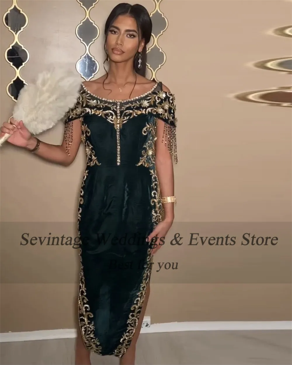 Sevintage Green Traditional Algerian Dress Mermaid Scoop Neck Lace Appliques Tassel Side Slit Ankle Length Formal Prom Gowns
