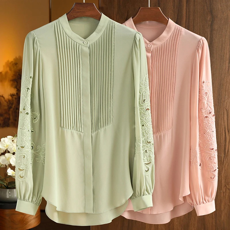 

Spring Autumn Women's Shirt 100% Real Silk Shirts Women Elegant Fashion Blouses Loose Tops Long Sleeve Embroidery Woman Blouse