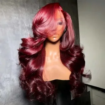 13x4 HD Transparent Lace Frontal Wig 30 Inch 250% Density 99J Burgundy Brazilian Body Wave Colored Human Hair Wigs 1