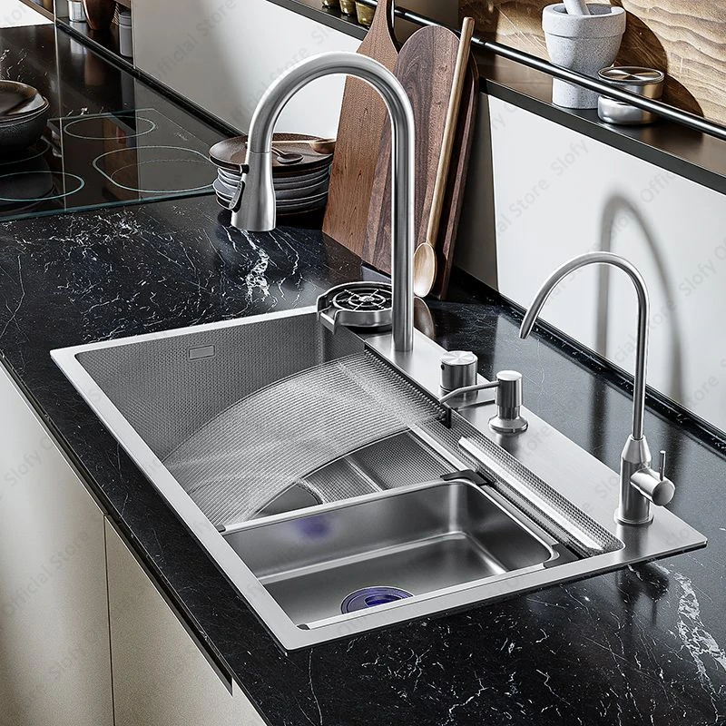 Kitchen Sink Vegetable Workstation Honeycomb Embossing Waterfall Faucet Drain Accessories