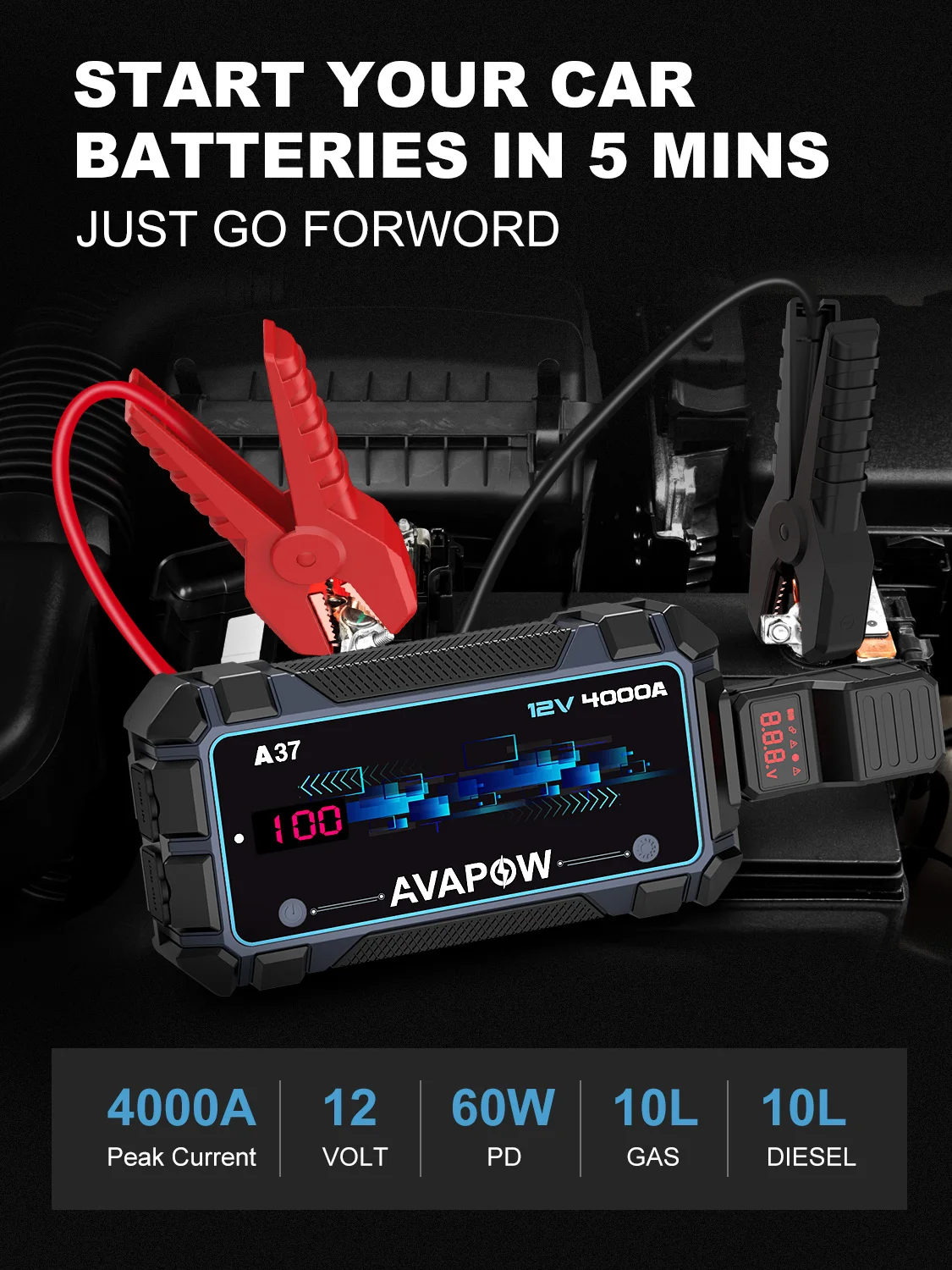 AVAPOW 4000A Car Battery Jump Starter, 12V Portable for 10L Gas/Diesel Engines, PD 60W Fast Charging, Lithium Charger Pack