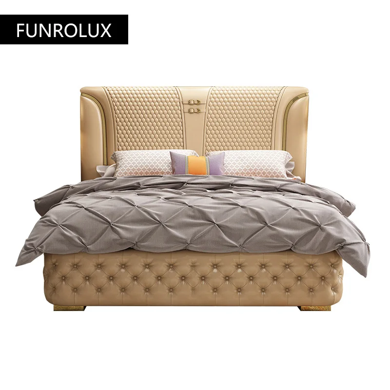 Modern leather bed leather bed luxury simple first layer cowhide double master bedroom marriage bed1.8Rice