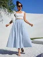 Light Blue High Waist A-Line Linen Midi Skirt for Summer Casual Wear - Image 5