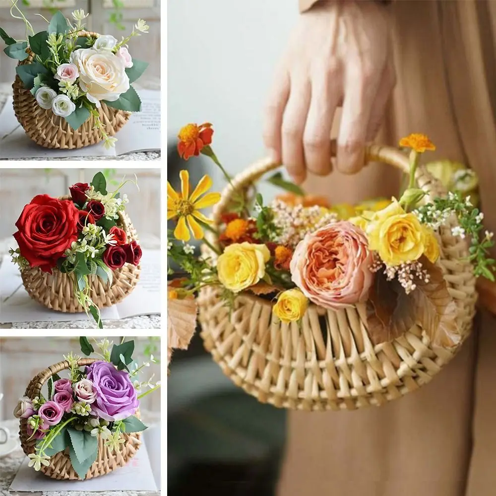 Willow Rattan Flower Girl Baskets Yellow Woven Basket Flower Arrangement Basket Handmade Sturdy Wicker Half Moon Baskets Wedding 4