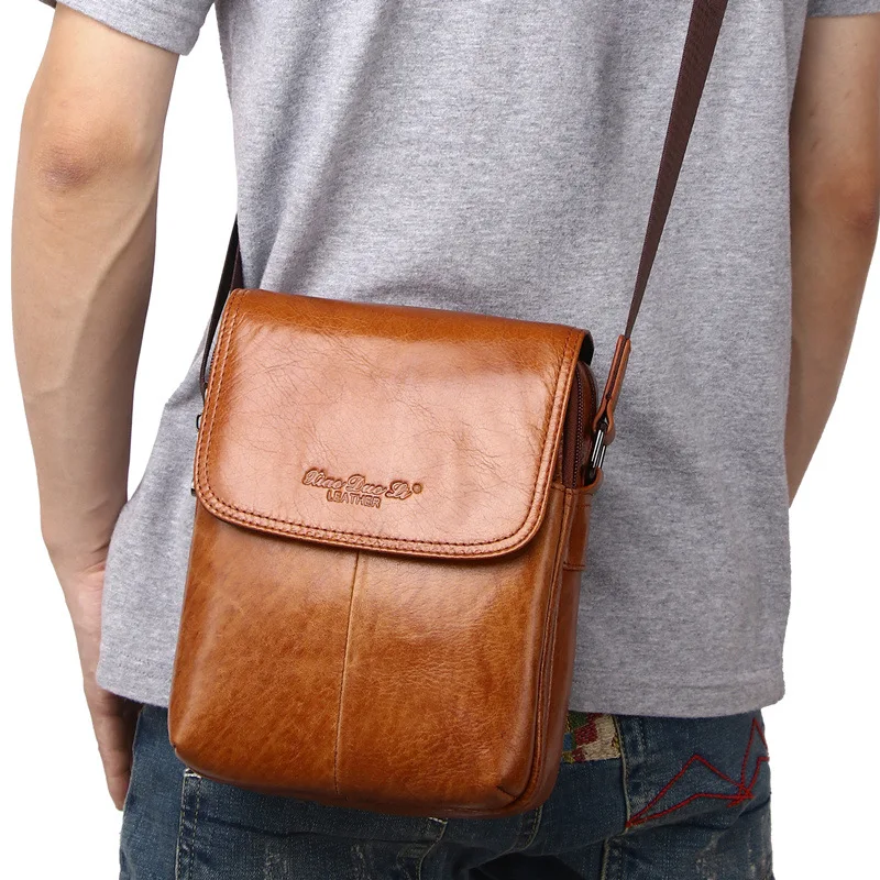Genuine Leather Men Shoulder Messenger Bag Luxury Cowhide Crossbody Bag Vintage Small Travel Phone Bag For Male