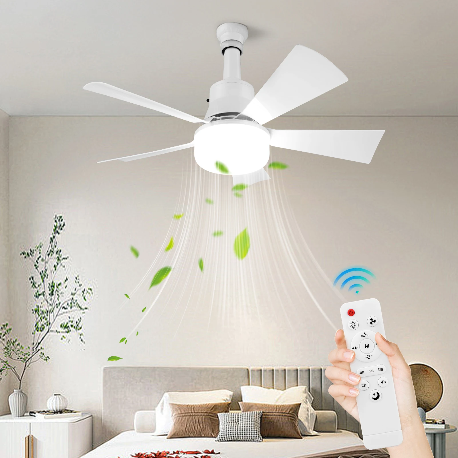 40W Socket Fan Light Screw Ceiling Fan with Light and Remote Adjustable Wind Speed Socket Ceiling Bulb for Bedroom