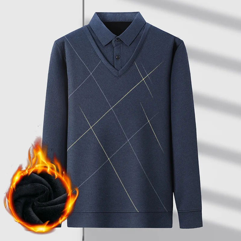 Autumn and Winter New Men's Fleece-lined Thickened Knitting Bottoming Shirt Men's Cross-Border