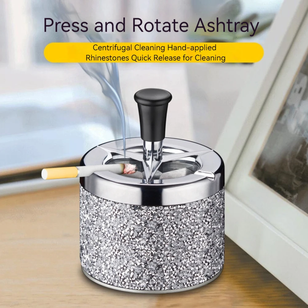 Push Down Ashtray with Lid Spinning Ashtray Windproof Self-Cleaning Ashtray Metal Desktop Ashtray for Cigarette Smoking