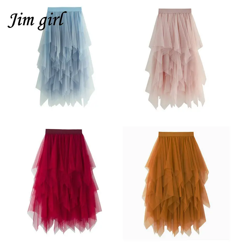 

Asymmetrical Tulle Skirt Women Elastic High Waist Mesh Midi Skirt Plus Size Elegant Design Pleated Tutu Skirt Female Jupe Longue