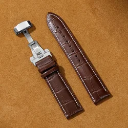 Elegant Leather Cowhide Watch Band with Butterfly Buckle - Business Bracelet Wristbelt - 22mm (Brown - White)