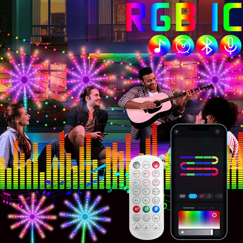 

RGBIC Solar Fireworks Lamp Outdoor String Light Festoon LED Garland Outdoor Garden Bedroom Wedding Decor Fairy Lights