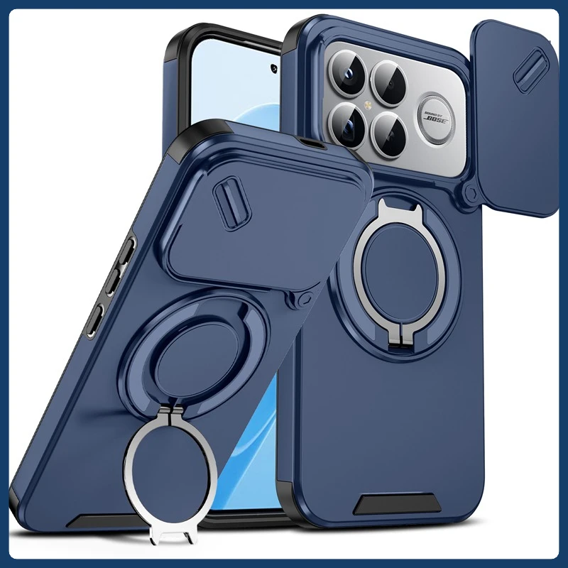 Magnetic Dropproof Rotatable Ring Stand Slide Camera Back Cover with Soft TPU - ELVEV Series