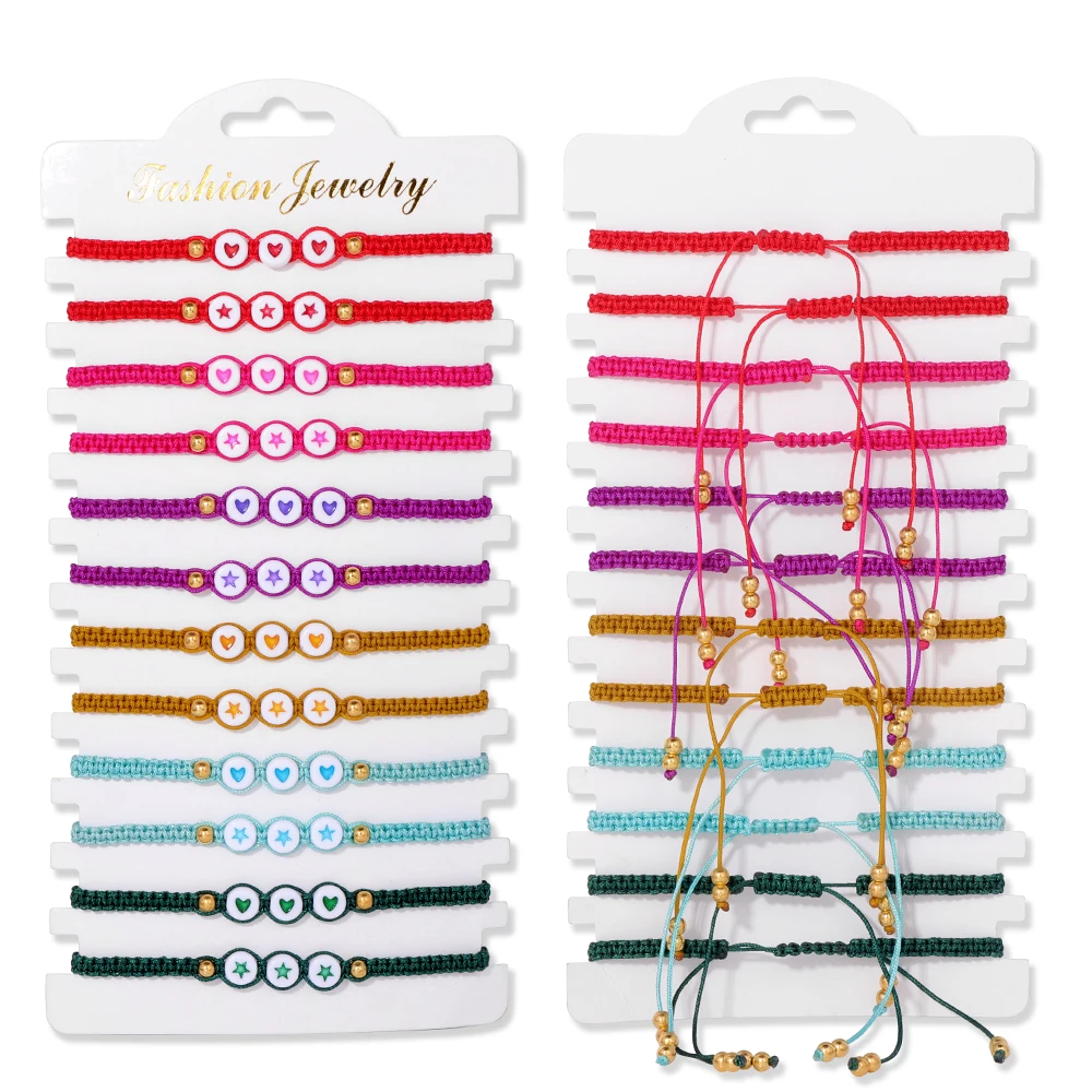 Colorful Natural Stone Adjustable Rope Bracelets - Handmade Bohemian Set with Cards (12 Pieces)