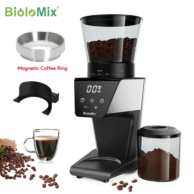 Moulin à café électrique BioloMix avec anneau magnétique – 30 réglages de broyage précis pour expresso, américain et verser sur le café, Au 1