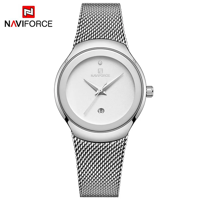 ساعات نسائية فاخرة من NAVIFORCE، خضراء اللون، بعقارب تناظرية وتاريخ، حركة كوارتز، سوار شبكي من الفولاذ، مقاومة للماء، ساعات يد أنيقة للسيدات