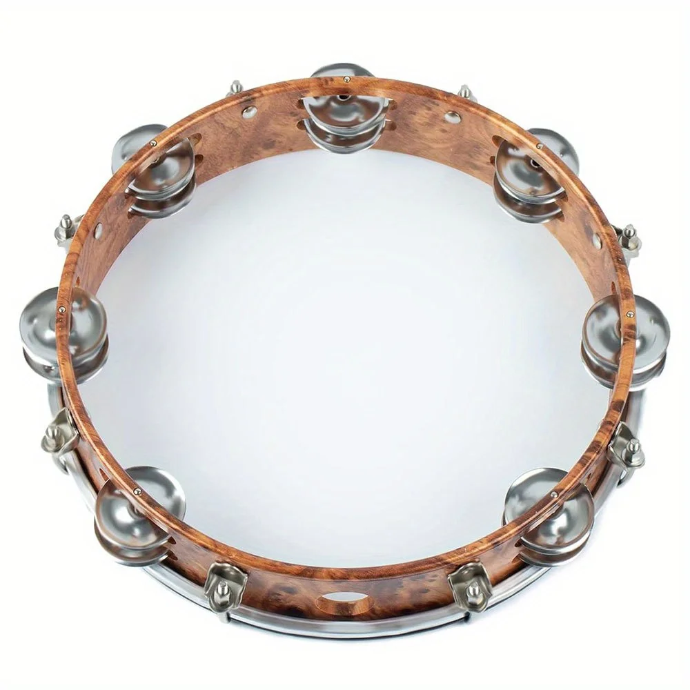 10-inch Tambourine Double Row Stainless Steel Bells With Adjustment Tuning Tool Hand Clapper Drum Performing