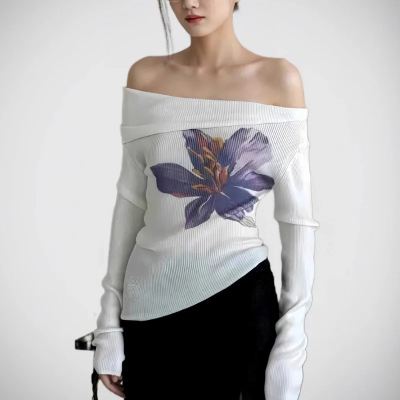 Talenza One Shoulder Printed Top Women's Summer Knit Backless Pleated Casual Pullover White Slim Office Lady Sexy Female T-Shirt 5