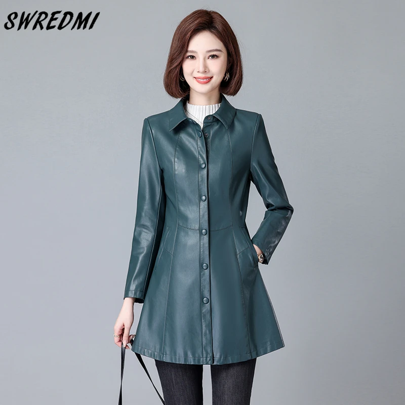 

SWREDMI Long Leather Trench Women New Collection Turn-Down Collar Clothing Suede M-5XL Spring Autumn Leather Jacket Coat