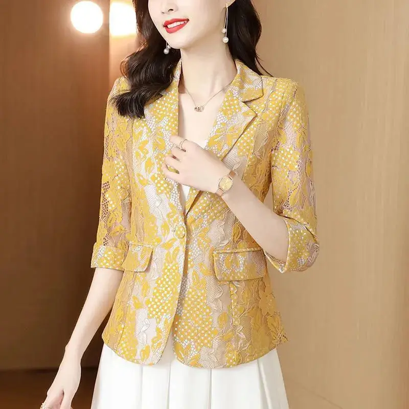 2023 New Spring and Summer Fashion Commuting Simple Temperament Lace Hollow Out Jacquard Casual Versatile Women's Suit Blazer