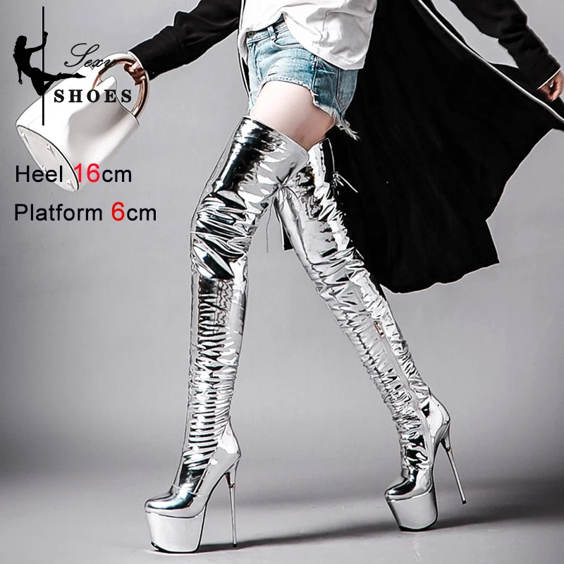 Sexy Over the Knee High Boots Women Platform Stiletto Heels Fetish Pole Dance Botas Lady Winter Shoes Silvery Thigh High Boots