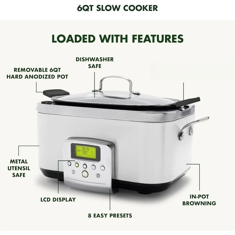 8 in 1 Electric Slow Cooker Dishwasher Safe Lid and Removable Pot Non-stick Multi-function Cooker Fry Saute Steam Basket White 4