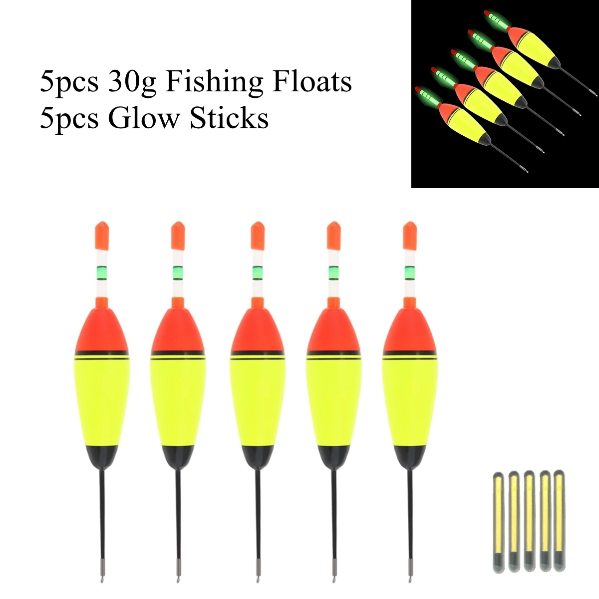 

5pcs 30g EVA Foam Fishing Floats Bobber + 5pcs Glow Sticks Sea Rock Fishing Long Cast Floating Eye-catching Drift