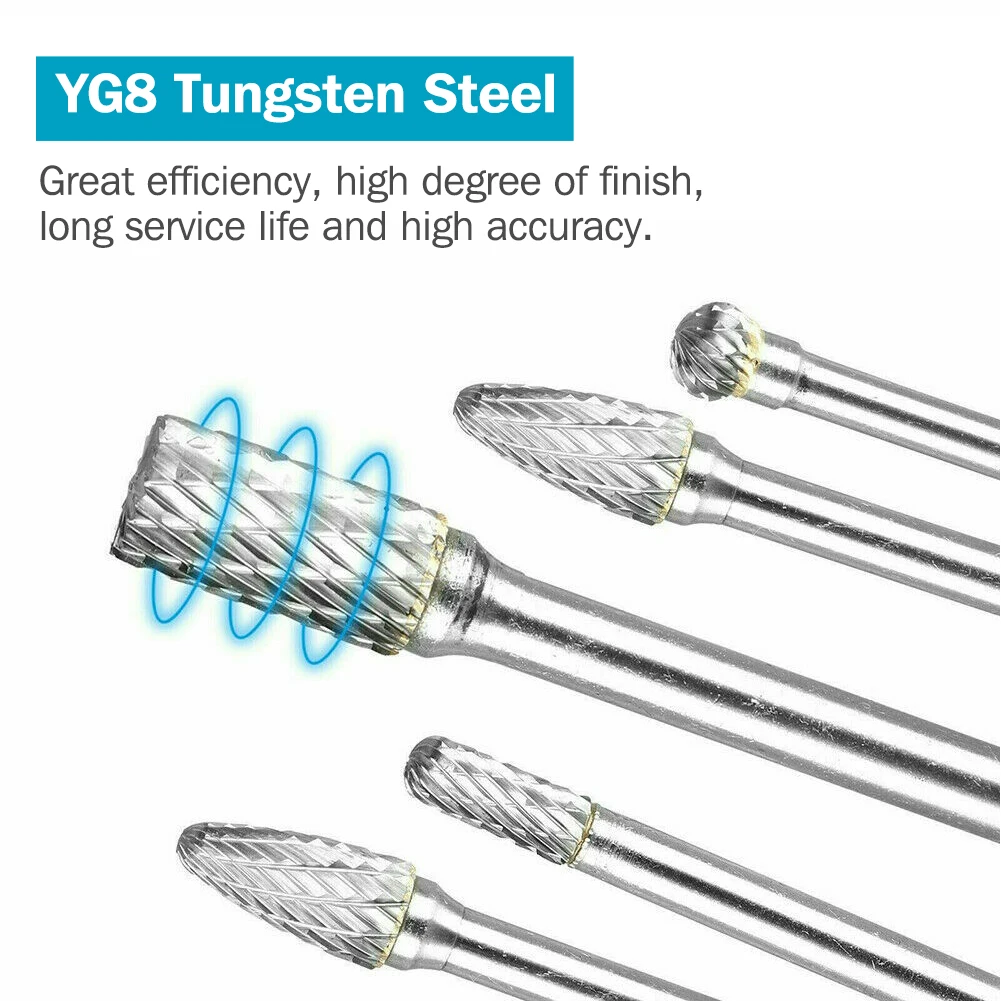 1/4 6mm Shank Tungsten Carbide Rotary Burr Bur Die Grinder Carving Bits 8Pcs alloy carbide milling cutter carbide end mill