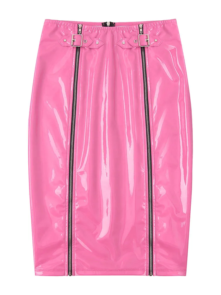Shiny Patent Leather Midi Skirt Women High Waist Faux Latex Pencil
