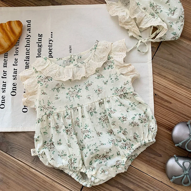 

2024 New Summer Infant Baby Girls Jumpsuit+Hat Sleeveless Cotton Print Newborn Baby Girl Romper 0-24M Baby Girls Clothes