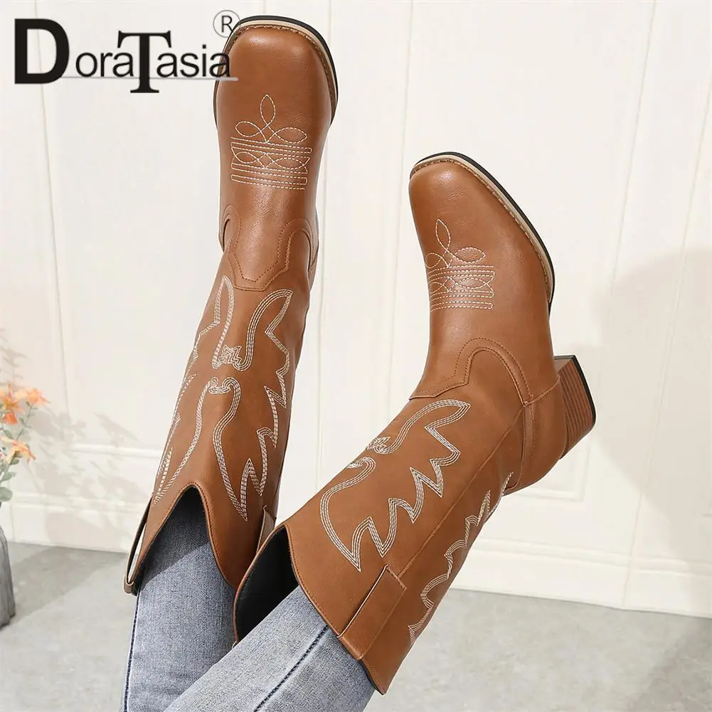 Brand New Female Round Toe Mid-Calf Cowboy Boots Fashion Embroider Chunky Heel women's Boots Casual Vintage Cowgirl Woman Shoes