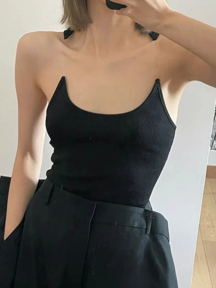 New Invisible Strap Tank Top For Women Knit Ribbed Sleeveless Basic T-Shirt Cropped Corset Bustier Tops With Open Shoulder