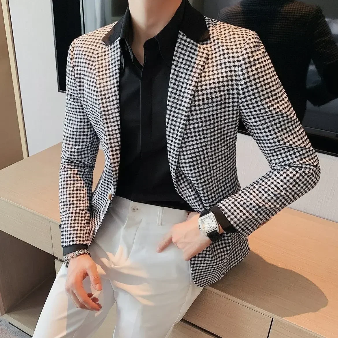 Plaid Coats Man Dress Suits and Blazers Korean Style Business Jacket for Men Clothes Classic