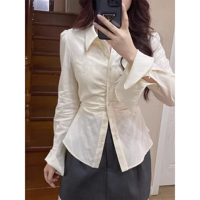 QWEEK Elegant Long Sleeve Blouses Woman Korean Office Ladies Slim Shirt Youthful Chic Button Up Tunic Y2k Vintage Spring Fashion qweek black corduroy warm formal women s pants winter fleece high waist korean fashion vintage classic office ladies trousers