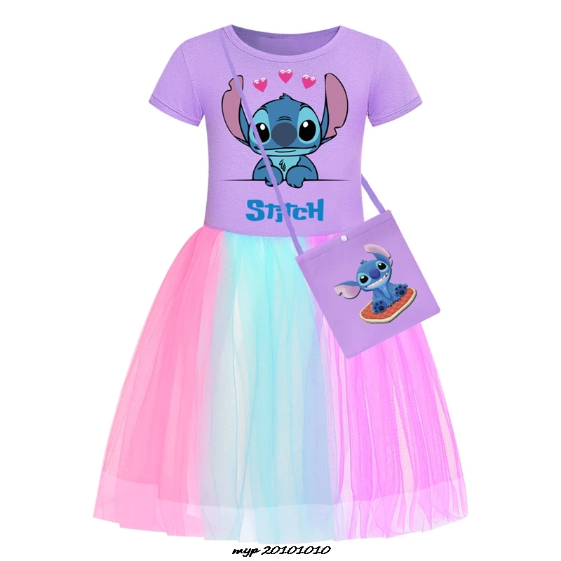 2-10Y Cartoon Lilo And Stitch Dress Girls Abiti Casual A Maniche Corte Con Borsa Piccola Abiti Estivi Per Bambini Abiti In Pizzo Per Bambini