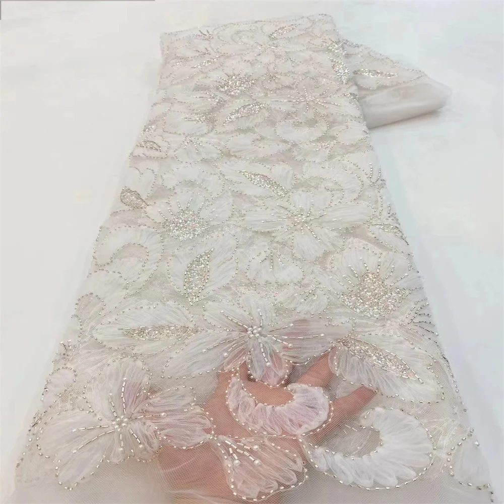 

3D Flower French Tulle Lace Fabric 2023 High Quality Beaded Embroidered African Net Laces Nigerian Fabrics With Sequins x-0325