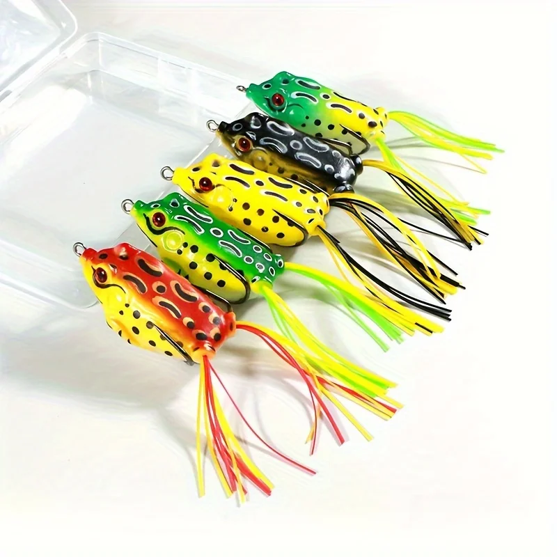 Description Picture 2 of item5pcs Frog-Shaped Fishing Lures with Double Up-tilt Groove Hook, Realistic Soft Bait Fish Hook with Storage Box For Freshwater