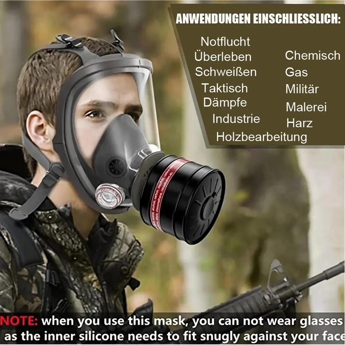 Masque respiratoire intégral TPE avec filtre à charbon 40mm, posé sur fond blanc, protection anti-rayures.