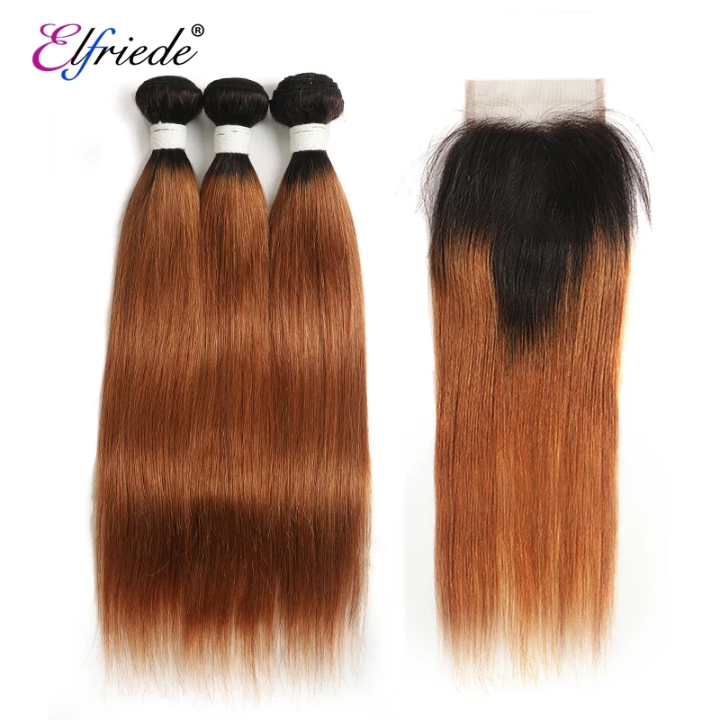 

Elfriede T1B/30 Straight Ombre Color Hair Bundles with Closure Brazilian 100% Human Hair Weave 3 Bundles with Lace Closure 4x4