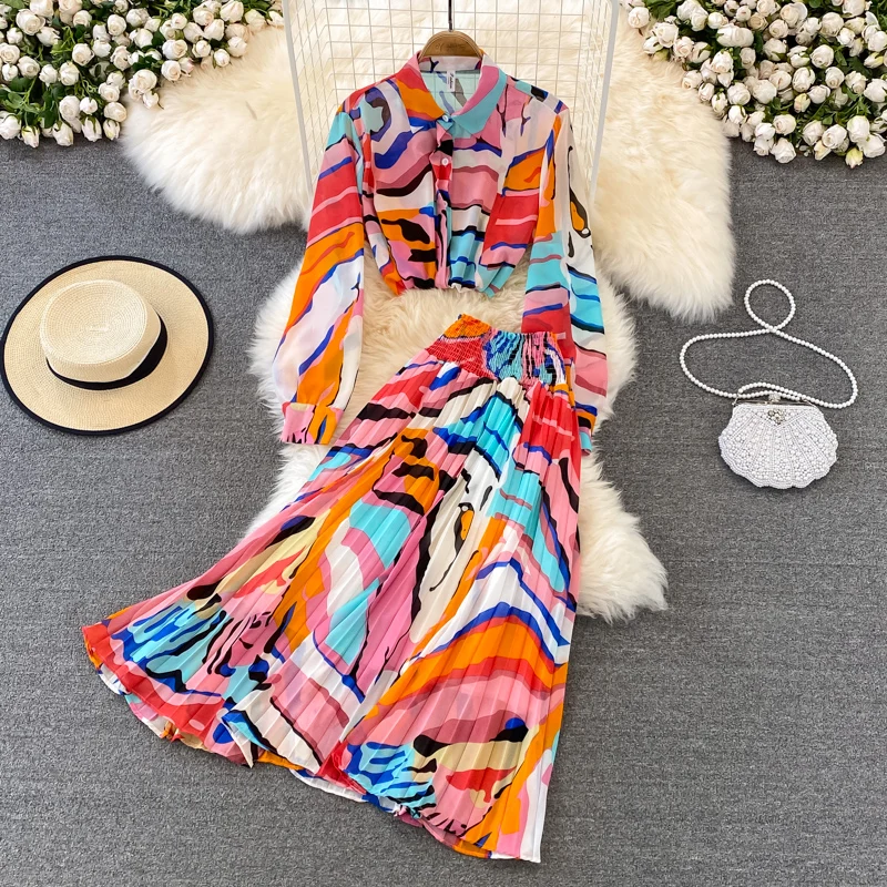 

Casual Fashion Suit Light Mature Style Long Sleeve Printed Chiffon Shirt + High Waist Pleated Skirt Two-piece Suit