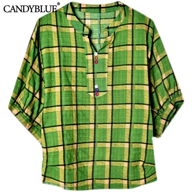 

Green Plaid Striped Vintage Linen Cotton V-Neck Women's Blouse Shirt Short Sleeve Buttons Korean Fashion Blouses Tops 2022