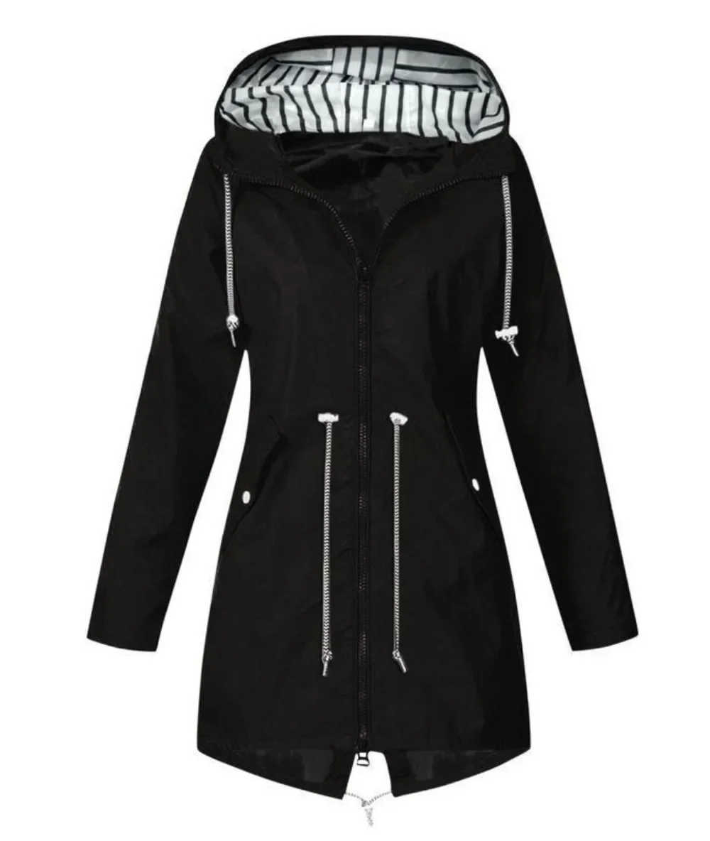 2024 New Women's Solid Rain Jacket Outdoor Hiking Hoodie Waterproof WindProof Long Coat Warm Outwear Clothing Windbreaker 5XL