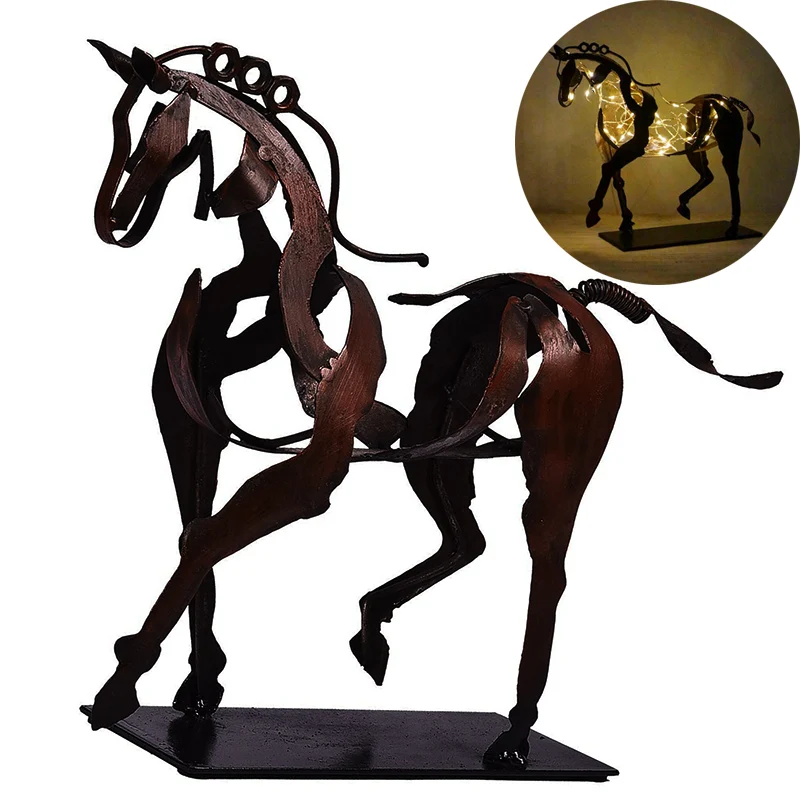 

With LED Light Metal Horse Sculpture Art Abstract Crafts Statue Home Decoration Bedroom Hallway Rustic Standing Horse Figurine