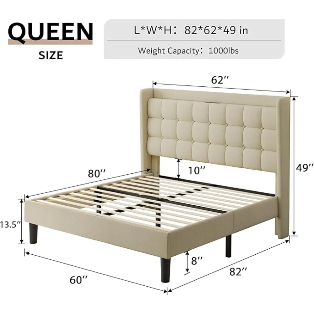 Description Picture 3 of itemQueen Bed Frame with Charging & Storage, Upholstered Platform Bed with Button Tufted Wingback Headboard, Heavy-Duty Foundation