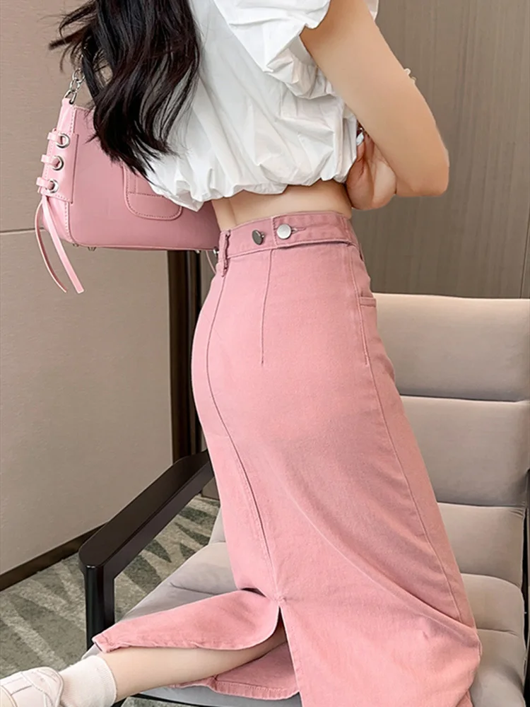 

Vintage Loose Chic Skirts for Women Elegant High Waist Causal Lady Fashion Pink Denim Skirts Female Clothing